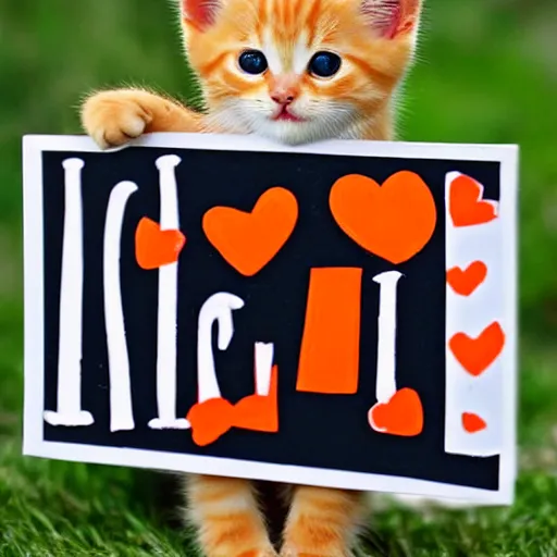 Image similar to cute orange tabby kitten with a sign that says