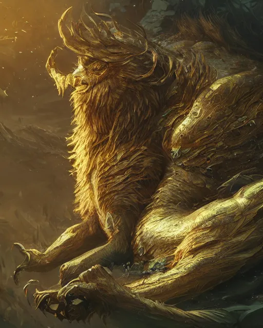 Image similar to A golden hulong sleeping, highly detailed, full body, fantasy art, monster art, in the style of greg rutkowski, illustration, epic, fantasy, intricate, hyper detailed, artstation, concept art, smooth, sharp focus, ray tracing