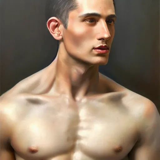 Prompt: a beautiful toned man, aesthetic, oil painting, pale colors, high detail, 8 k, wide angle, trending on artstation,