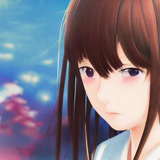 Image similar to a high detail portrait of japanese anime high school girl by makoto sinkai, in simple background