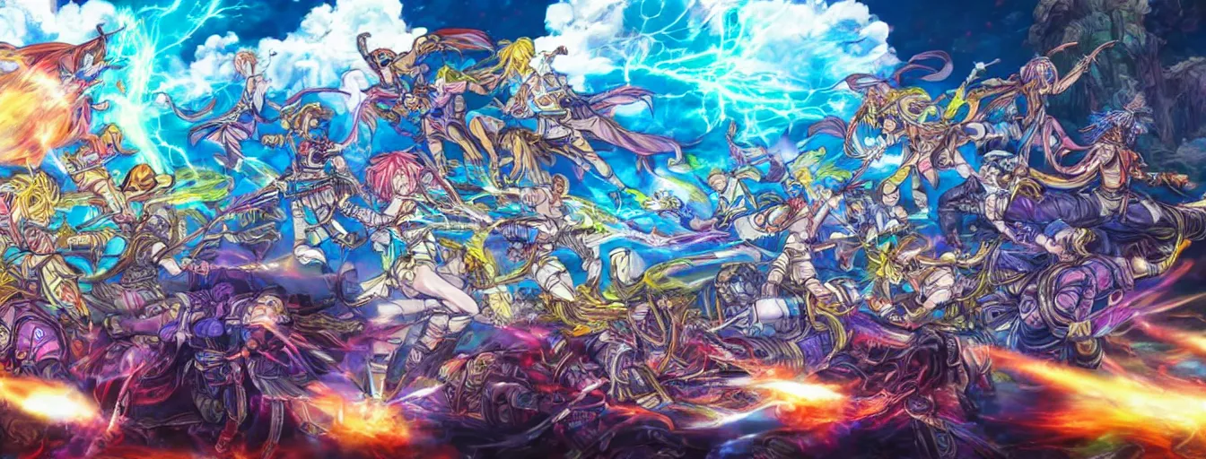 Image similar to rainbow souls fighting on a battlefield with spirit power flying around. hyperrealistic anime background illustration by kim jung gi, colorful, extremely detailed intricate linework, smooth, super sharp focus, bright colors, high contrast, matte, octopath traveler, unreal engine 5 highly rendered, global illumination, radiant light