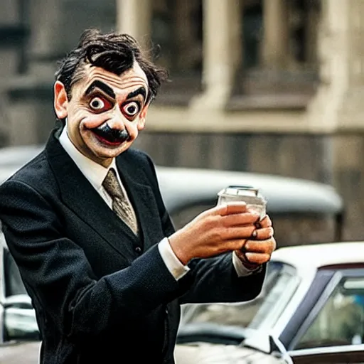 Prompt: A still of Mr Bean in Joker (2019)