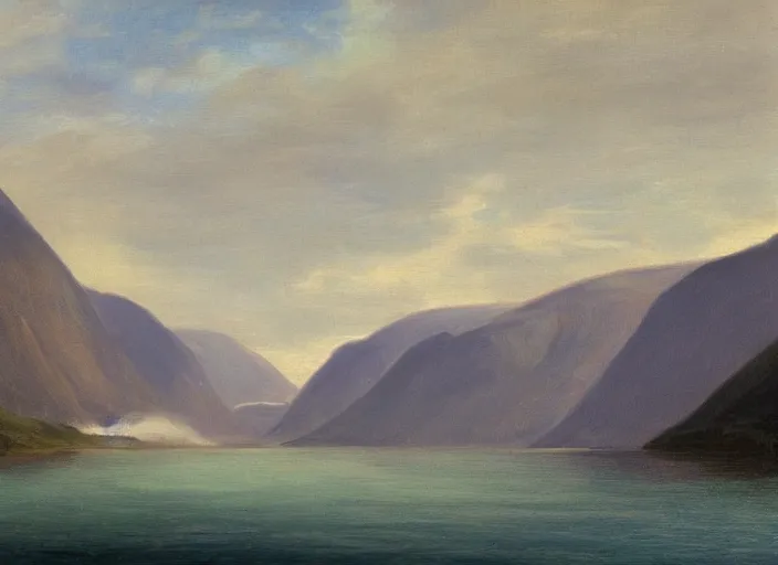 Prompt: norwegian fjords in the style of hudson river school of art, oil on canvas