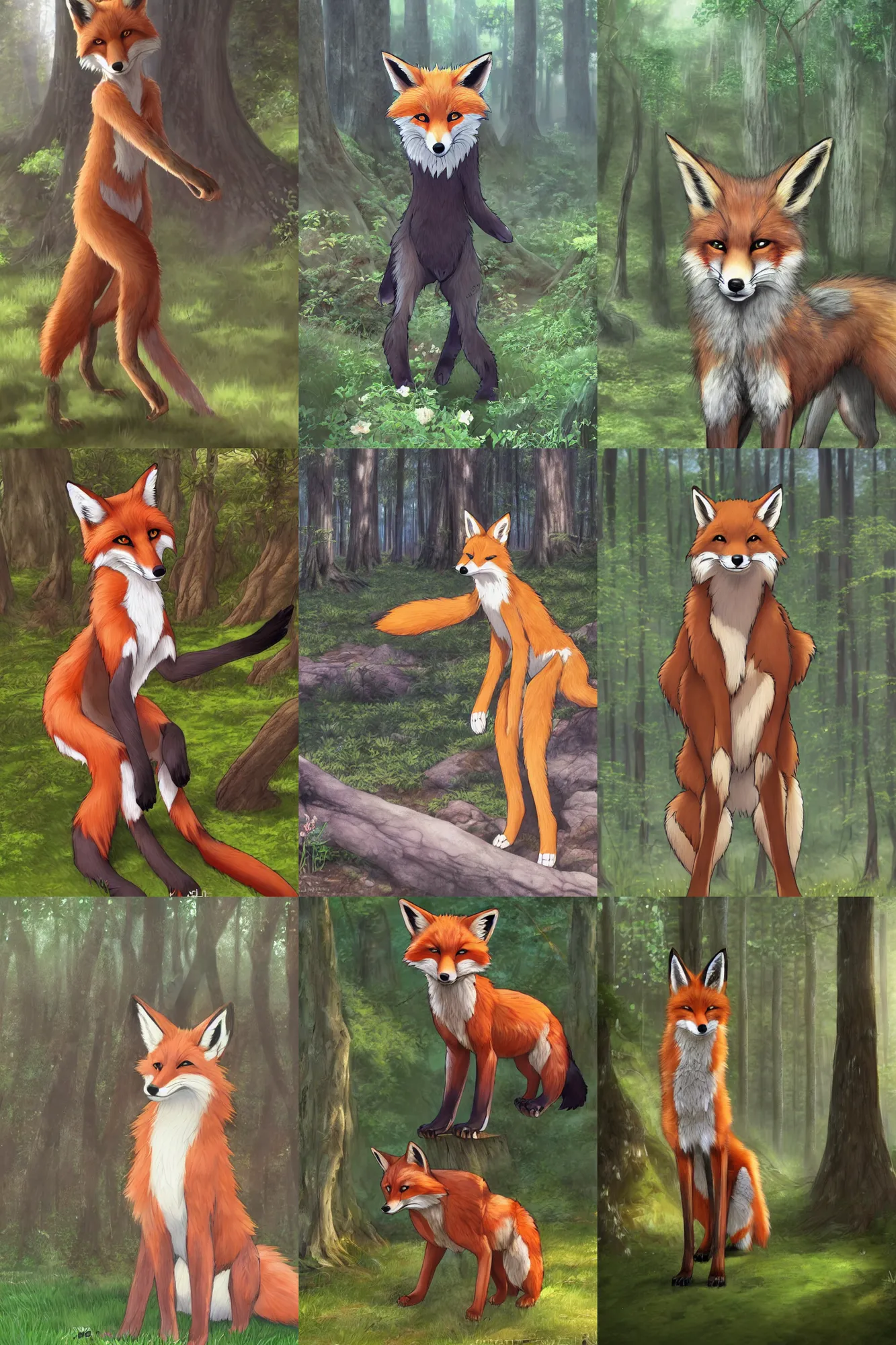 Prompt: furry art, anthro digitigrade natural - colored fox with black paws standing in a forest, fursona commission, photorealistic, extremely detailed, anime key visual, pixiv, makoto shinkai, hibbary, dark natasha, goldenwolf, furaffinity, portrait