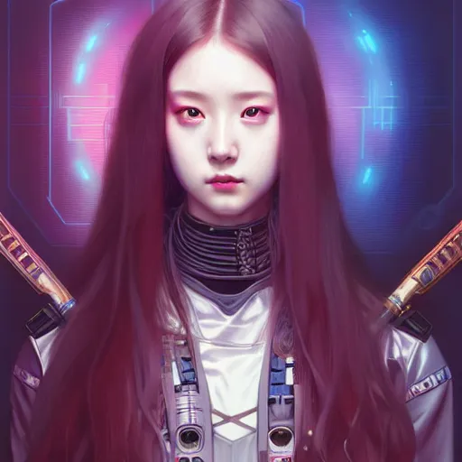 Prompt: portrait painting of cyberpunk chuu loona kpop smiling cheerfully with a black katana, ultra realistic, concept art, intricate details, eerie, highly detailed, photorealistic, octane render, 8 k, unreal engine. art by artgerm and greg rutkowski and magali villeneuve and alphonse mucha