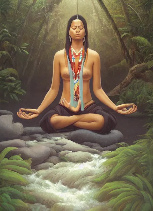 Prompt: a realistic painting of an indigenous woman meditating near a river in the amazon jungle, highly detailed, trending on devian art, art by christophe vacher