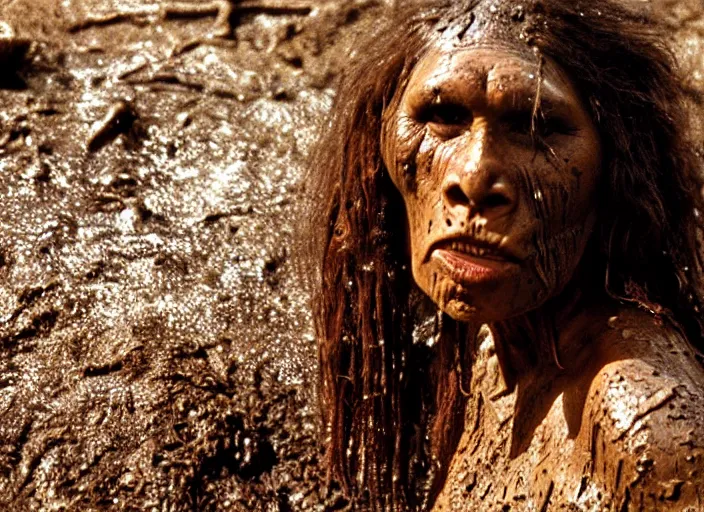 Image similar to attractive neanderthal woman covered in mud, movie still, from the movie quest for fire, 8 k, realistic