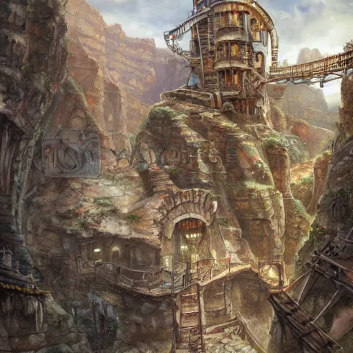 Image similar to arid steampunk fantasy city built into canyon walls. houses are built on platforms on the canyon walls with precarious walkways and ladders between them. the canyon floor is covered in larger stone buildings and shops. realistic, highly detailed painting concept art