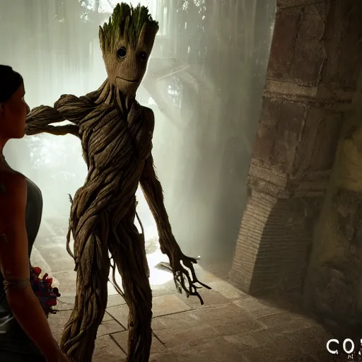 Prompt: the groot marrying tomb raider, wedding scene, detailed, stunning lighting, hyper realistic, 4 k octan render, unreal 5