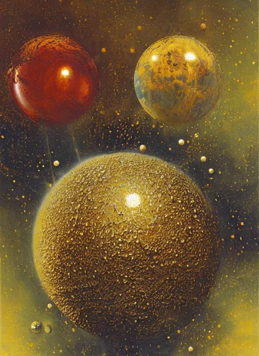 Prompt: spheres being covered by extremely detailed splatters of abstract gold paint, planets and moons engulfed in flames in the style of, pascal blanche, surreal, beksinski, high detailed