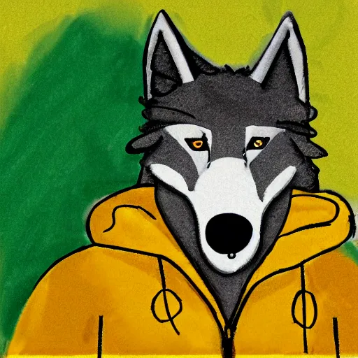 Prompt: cartoon sketch of a faceless wolf wearing a yellow raincoat