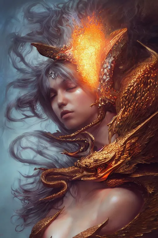 Image similar to beautiful girl sorcerer transforming into fire and golden dragon skin, casting magic spell, angel, fantasy, magic the gathering, hyper detailed, 3 d render, hyper realistic detailed portrait, peter mohrbacher, wlop, ruan jia, luis royo