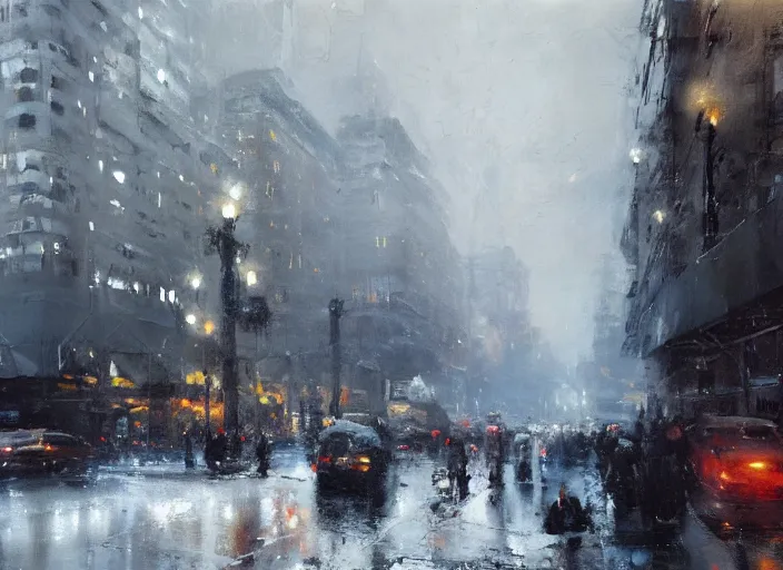 Image similar to a cityscape in winter painted by jeremy mann, street - level, dripping oil paint, thick brushstrokes, abstracted painterly techniques, high resolution