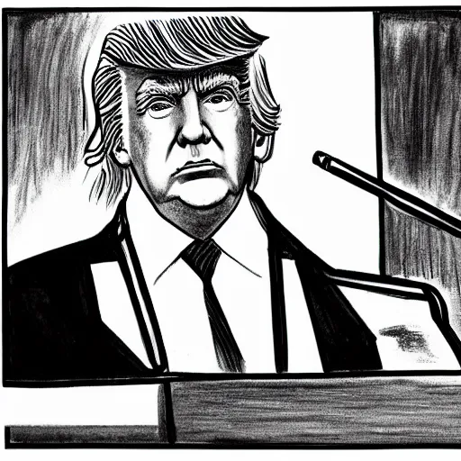 Image similar to black and white, ink drawing, line work, trump giving his deposition at his trial,