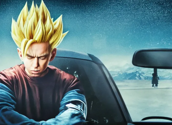 Image similar to a very high resolution image from a new movie, eminem going super saiyan driving a car. inside of a car. alone. mountains, directed by wes anderson