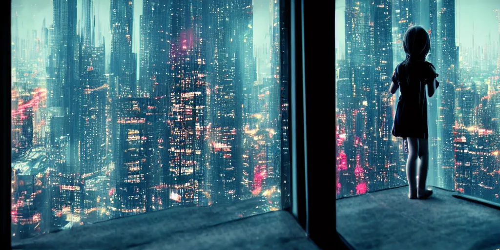 Image similar to overlooking on night city cyberpunk from floor to ceiling window, one little girl, beautiful hair at the back, looking out the window, liminal, cinematic, dreamscape