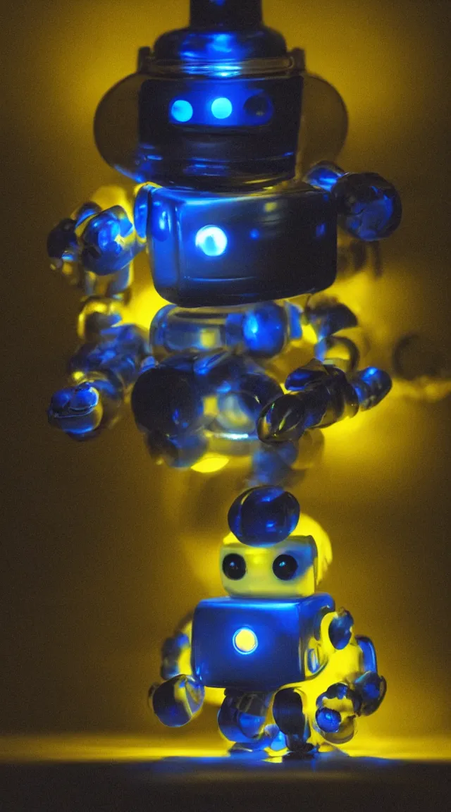 Prompt: tiny robot in the dark, hrd, hyperrealistic, hyper detailed, tiny, lights, yellow, purple, blue, top hat, moustache, dusk