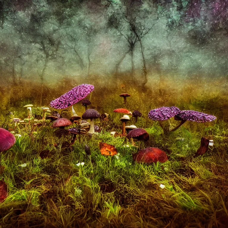 Image similar to a planet of various fungus, mushrooms, flowers and plants, inside the picture is infinity, Atmospheric, artistic photography, conceptual, long exposure outside the city, volumetric light