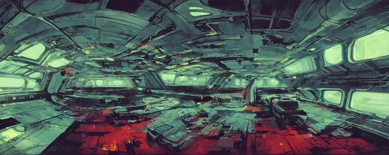 Prompt: interior of derelict spaceship, wide angle, neon colors, hyperrealistic painting by Dean Ellis