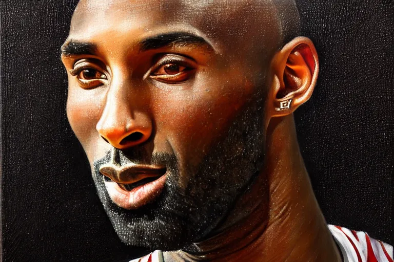 Image similar to portrait of kobe bryant with detailed, textured skin and piercing eyes, by nikolay makovsky