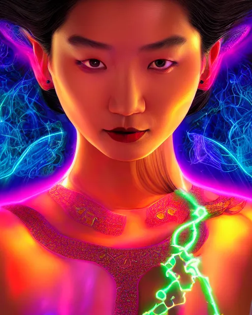 Image similar to a powerful energy psychedelic matrix asian woman, by alexander fedosav, hyper detailed digital matte painting, concept art, hyperrealism, 1 6 k resolution, cinema 4 d, 8 k resolution, trending on artstation, behance hd, a masterpiece, by stephan martiniere, particles, cel - shaded, power bright neon energy, by david a. hardy