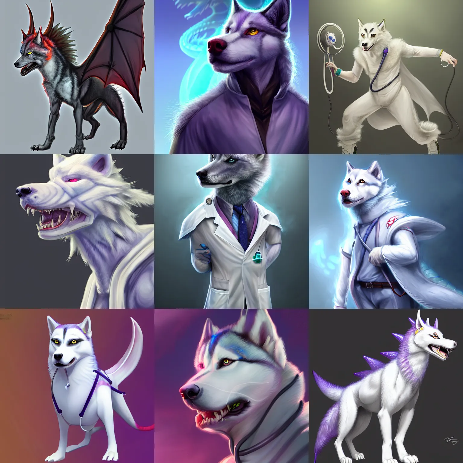 Prompt: male antropromorphic husky - dragon - hybrid, wearing a white doctor coat and stethoscope, digital art, concept art, trending on artstation, bright colors, highly detailed, 8 k hd