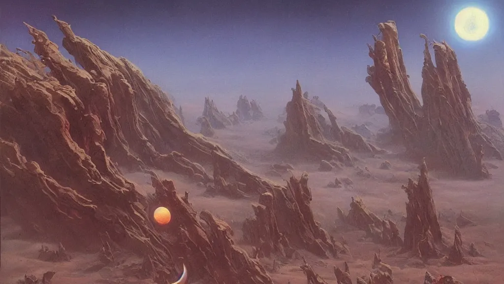 Image similar to eerie atmospheric evolving alien planet by gerald brom and vincent di fate, epic cinematic matte painting