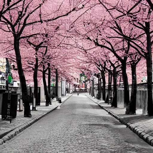 Image similar to ”street in Södermalm With cherry trees, trending on artstation, high quality digital art”