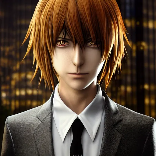 Image similar to yagami light ( kira ) from death note, 8 k, full hd, huper realistic, octane render, unreal engine 5