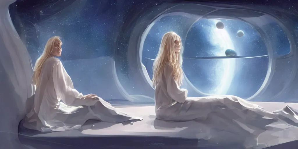 Image similar to pretty woman with blond hair and flowing white robes, sitting sad in spaceship, gazing at view of galaxy in space through a window, by jim burns, peter andrew jones, michael hutter, sharp digital painting. dreaming latent space. matte painting, concept art. artstation. digital render.