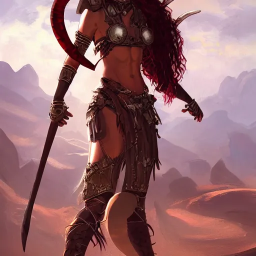 Prompt: portrait of a female berber tiefling barbarian, red skin, long horns, black ponytail, steel armor, greatsword, in a desert, strong, fierce, elegant, fantasy, highly detailed, digital painting, artstation, concept art, character art, art by greg rutkowski and tyler jacobson and alphonse mucha