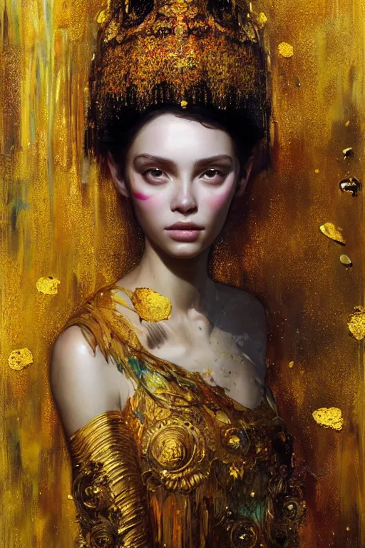 Prompt: wide portrait of beautiful girl by irakli nadar with intricate detailed color smashing fluid oil paint and acrylic, ornate gold headdress, melting wax, mycelia, abstract impressionism, ruan jia, fantasy, hyper detailed, concept art, by gustav klimt