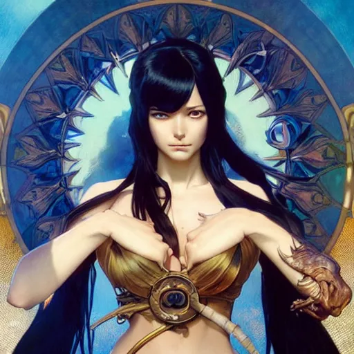 Image similar to highly detailed vfx portrait of nico robin, greg rutkowski, makoto shinkai, tom bagshaw, alphonse mucha, sharp focus, art by artgerm and greg rutkowski, backlit, harsh overhead sunlight, blue eyes,