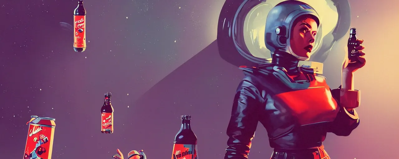 Image similar to duotone noir concept illustration 3 / 4 portrait of vintage female fallout 4 model in retro space suit advertising bottles nuka cola. accidental renaissance. by sachin teng and sergey kolesov and ruan jia and heng z. graffiti art, scifi, fantasy, hyper detailed. octane render. concept art. trending on artstation