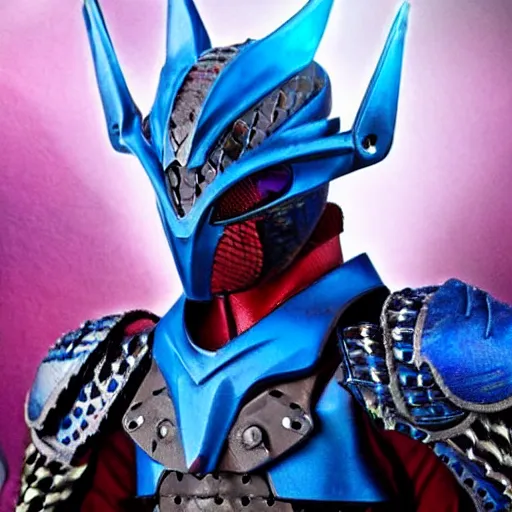 Prompt: High Fantasy Kamen Rider, blue armor with red secondary color, 4k, glowing eyes, daytime, rubber undersuit with chainmail texture, dragon inspired armor