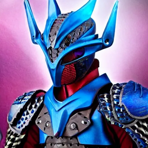 Image similar to High Fantasy Kamen Rider, blue armor with red secondary color, 4k, glowing eyes, daytime, rubber undersuit with chainmail texture, dragon inspired armor