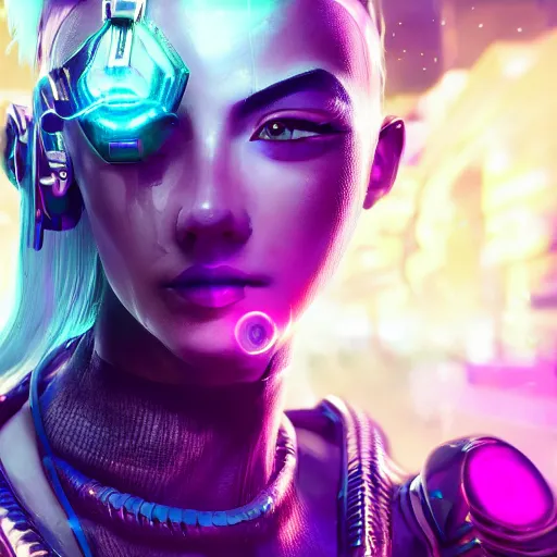 Image similar to Kalista from League of Legends portrait, Cyberpunk 2077, cyberpsycho, photorealistic, ultra detailed, neon, octane, bokeh, cyber, cyberpunk city, feature, scars, cyberface, 8k