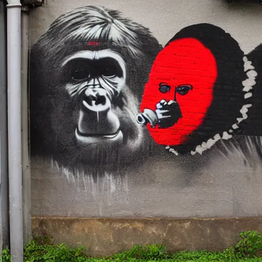 Image similar to gorilla wearing red headphones, holding a amanita muscaria, made by banksy