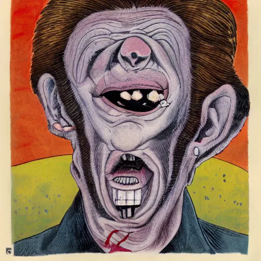 Image similar to portrait of ugly wold, retarded, eyes in different directions, rabies, propaganda style, vivid colors