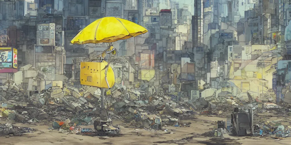 Image similar to a giant robot invasion side view, yellow parasol in deserted dusty shinjuku junk town, incredible wide screenshot, ultrawide, simple watercolor, rough paper texture, ghost in the shell movie scene, broken vending machines, bold graphic graffiti, old pawn shop, bright sun bleached ground, mud, fog, dust, windy, scary robot monster lurks in the background, ghost mask, teeth, animatronic, black smoke, pale beige sky, junk tv, texture, brown mud, dust, tangled overhead wires, telephone pole, dusty, dry, pencil marks, genius party, shinjuku, koji morimoto, katsuya terada, masamune shirow, tatsuyuki tanaka hd, 4k, remaster, dynamic camera angle, deep 3 point perspective, fish eye, dynamic scene