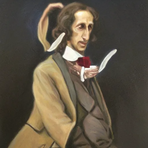 Image similar to a rabbit dressed as chopin, oil painting realistic,