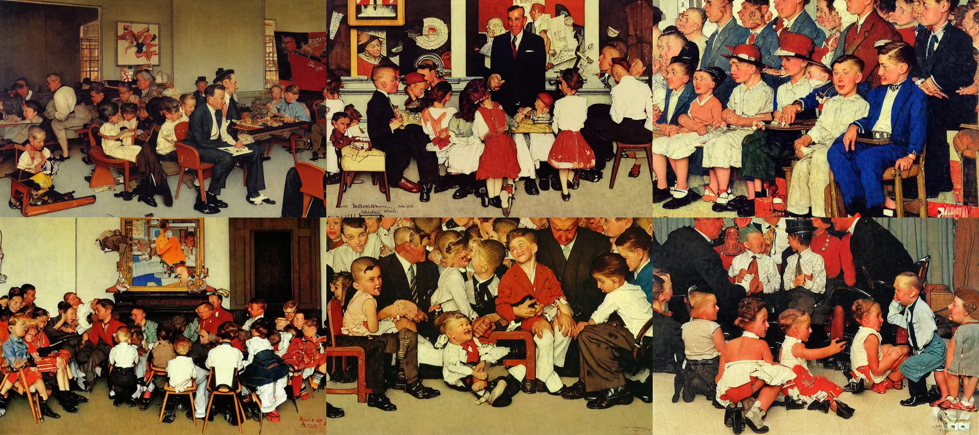 Prompt: a painting of a man sitting in front of a group of children, an art deco painting by norman rockwell, cg society, american realism, american propaganda, soviet propaganda, academic art