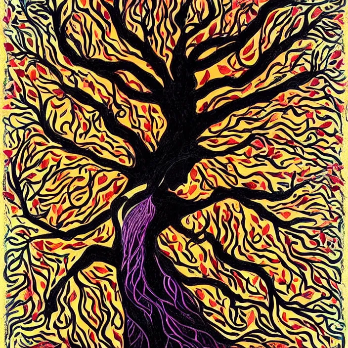 Prompt: a beautiful goddess as the tree of life, her feet are the roots into the earth, her arms are the branches that reach above to the heavens, entwined in vines and branches, dark negative space, surrounded by a luminescent light and array of colour, hyper - realistic, highly detailed