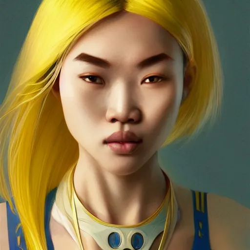 Image similar to filipino girl blue - yellow hair, metal plate, nasal strip, nose cast, intricate, elegant, highly detailed, my rendition, digital painting, artstation, concept art, smooth, sharp focus, illustration, art by artgerm and greg rutkowski and alphonse mucha and uang guangjian and gil elvgren and sachin teng, symmetry!!