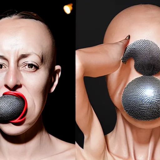 Prompt: woman who can detach her lower jaw stretched open her maw to swallow a disco ball iris van herpen