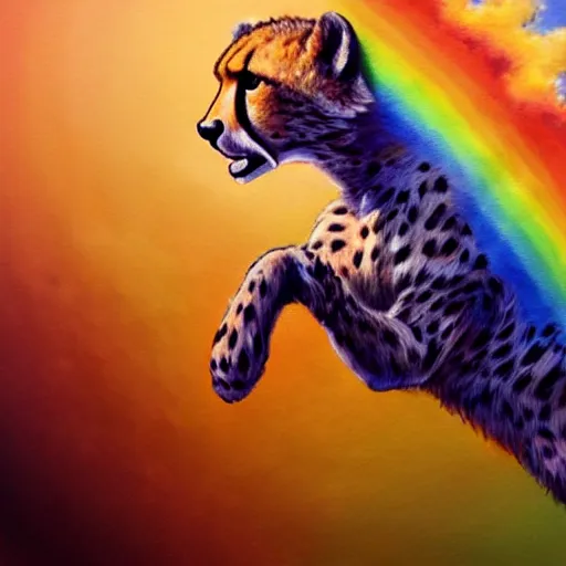 Image similar to cheetah running on a rainbow, high detail, concept art, artstation,