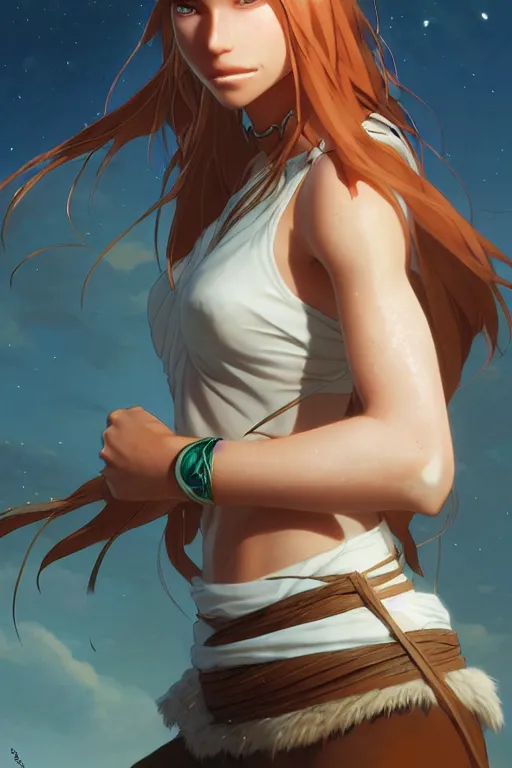 Image similar to long ginger hair, tanned woman in a prehistoric outfit, green eyes, by artgerm, hair tied in a ponytail, white backdrop, soft lighting, blue colors, by greg rutkowski makoto shinkai takashi takeuchi