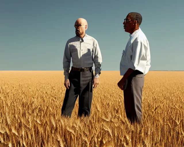 Prompt: extreme long shot of walter white and gustavo fring standing facing each other from a distance in a wheat field, low angle, side view, perfect angle, 8 5 mm photograph, 8 k resolution, wide shot, sharp lens, high detail, cinematic