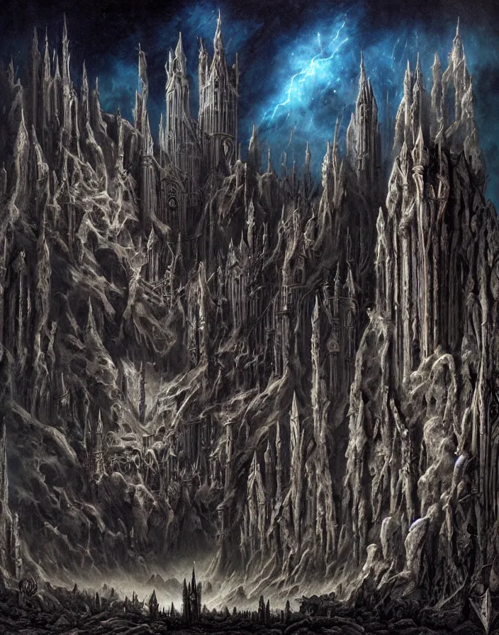 Image similar to a dark gothic castle made of skulls and bones and skeletons, tall spires, epic nebula, Dan Seagrave art