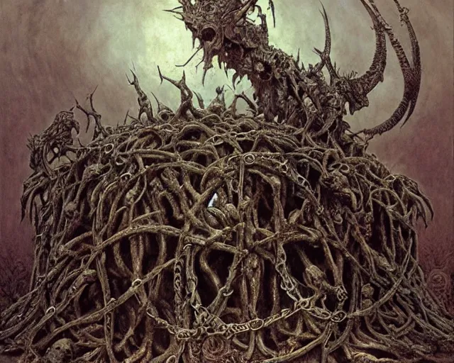 Image similar to Ancient blood-leaking cultic ritual totem made of horns and thorns, flesh and steel chains by kostnice czech, Beksinski, Arthur Rackham, Eugene de Blaas, Dariusz Zawadzki, Wayne Barlowe